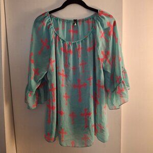 R Rouge Women's Aqua and Pink Cross Pattern Sheer Top